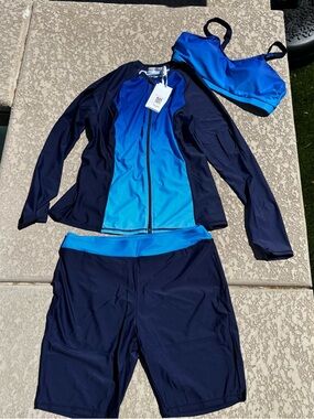 Grace Karin Ombre Blue Rashguard Swimsuit Set XL Long Sleeve Women Front Zip NWT